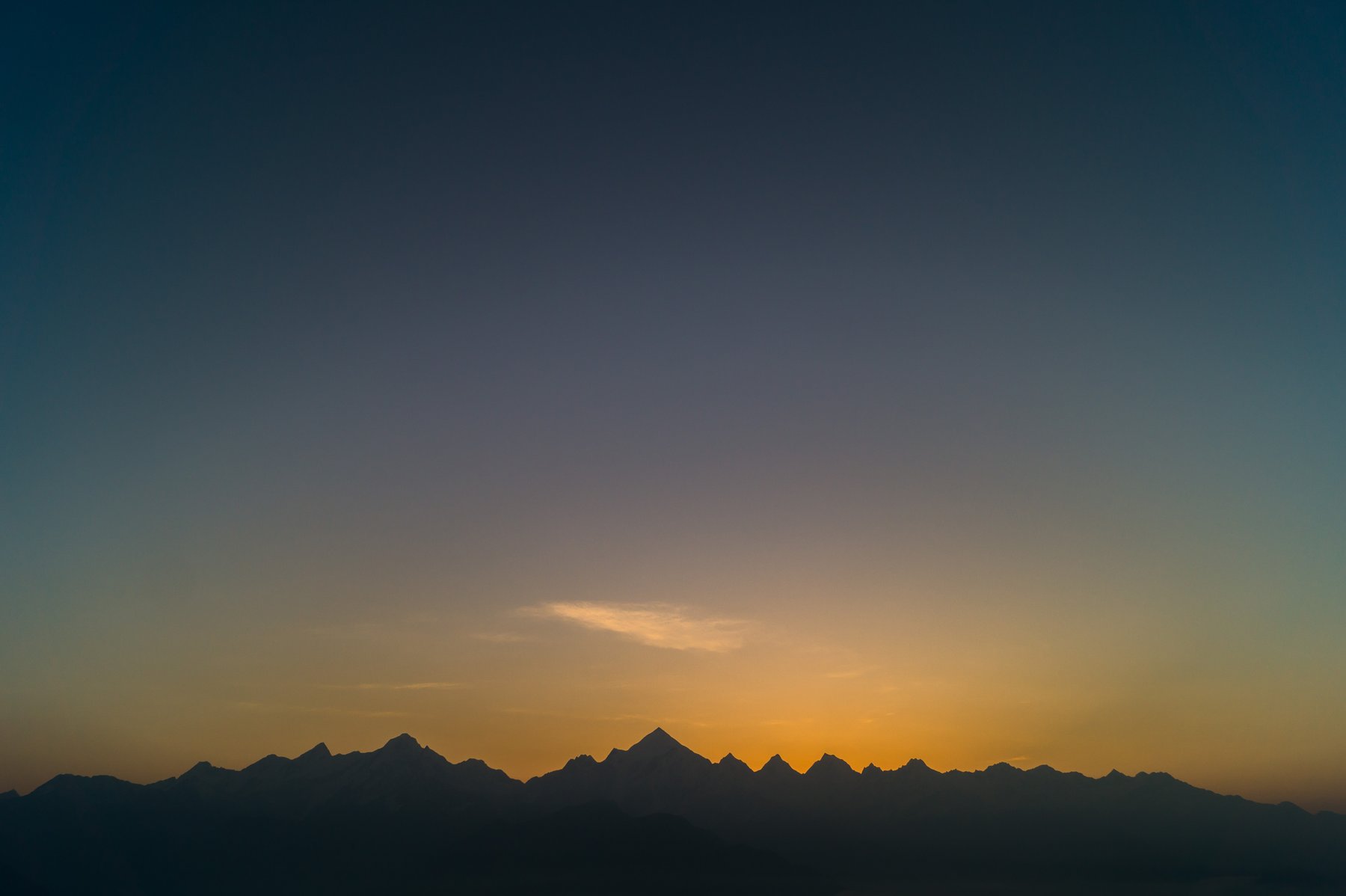 Silhouette of the Panchachuli peaks at dawn, seen from the Munsiyari side of the valley
